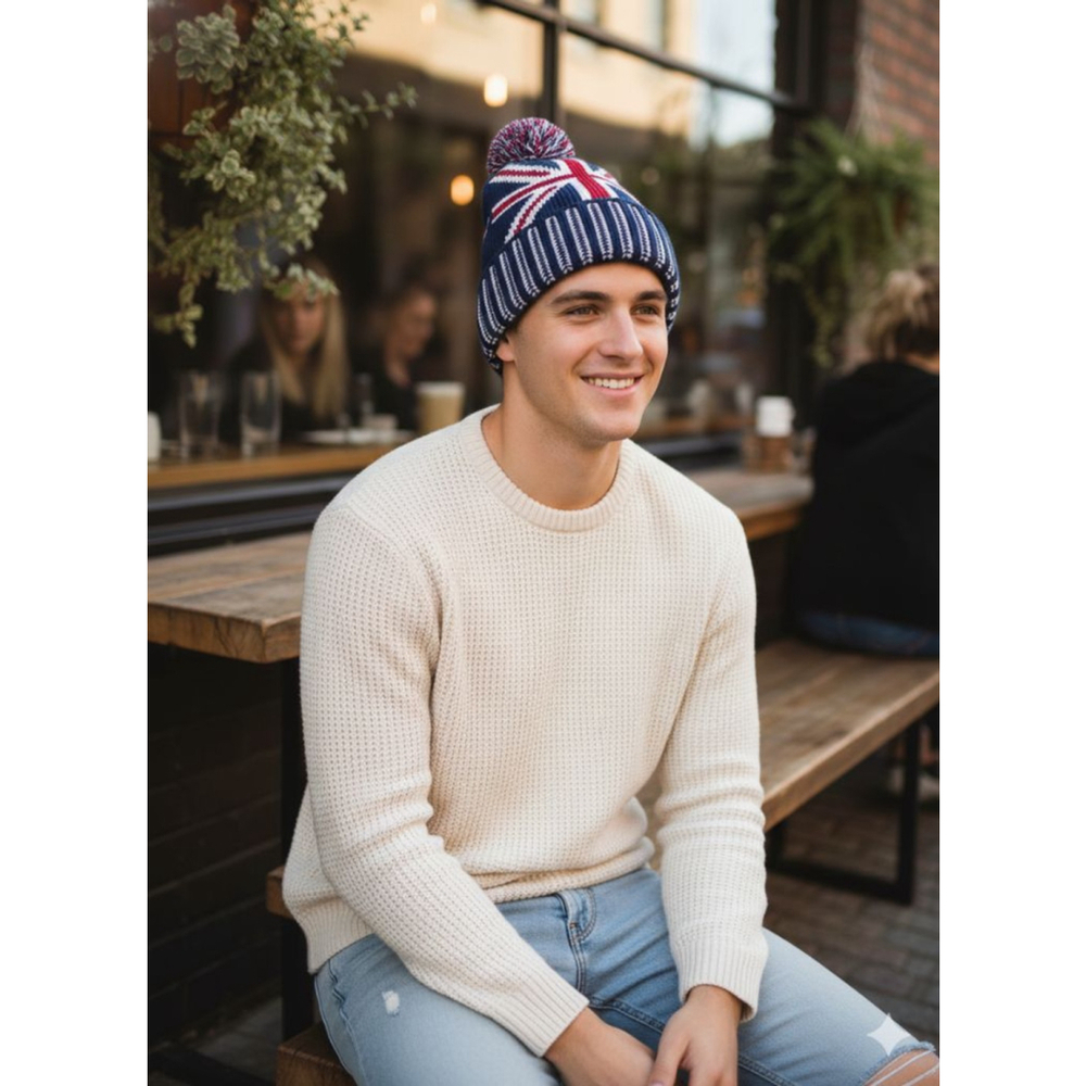 Men's Unisex Blue Red Union Jack Beanie Hat One Size